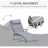 Outsunny Padded Sun Lounger with Pillow, 7-Position Adjustable Backrest & Steel Frame – Foldable Garden Recliner, Grey