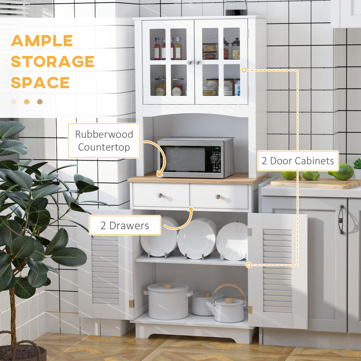 Kitchen Storage Cabinet with Glass Door, Louvred Door, 2 Drawers & Rubberwood Countertop – Coastal Style, White