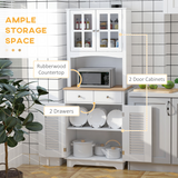 Kitchen Storage Cabinet with Glass Door, Louvred Door, 2 Drawers & Rubberwood Countertop – Coastal Style, White