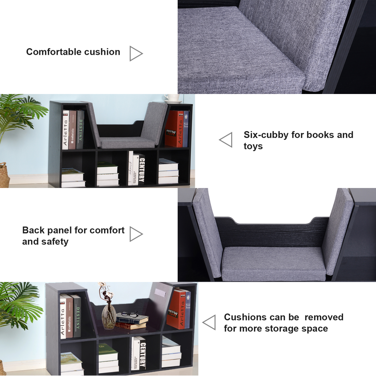 HOMCOM Sideboard Bookcase with Reading Seat, Cushions and Six Storage Cubes – Kids and Adults Storage Unit, Black