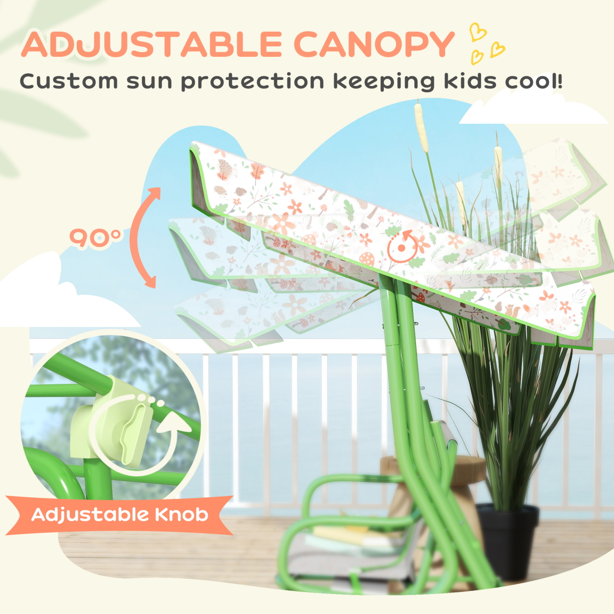 AIYAPLAY Kids Fox Pattern Swing Seat with Adjustable Canopy and Safety Belts – Outdoor Garden Play, Green