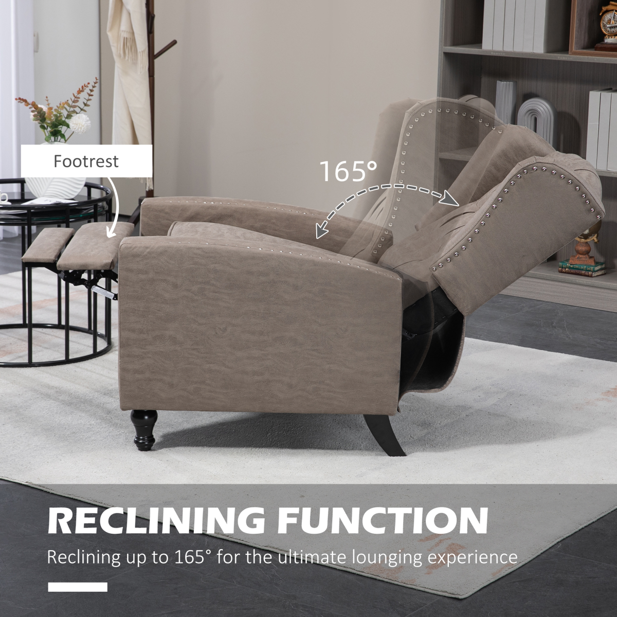 HOMCOM Marble-Effect Manual Reclining Armchair with Footrest & Decorative Studs – Living Room Recliner, Brown