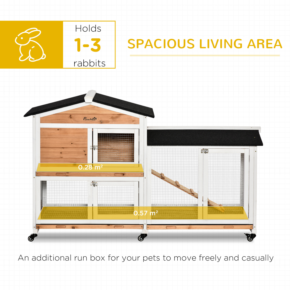 PawHut Wooden Rabbit Hutch & Guinea Pig Cage with Wheels, Run, Slide-Out Tray & Ramp – Two-Floor Outdoor House