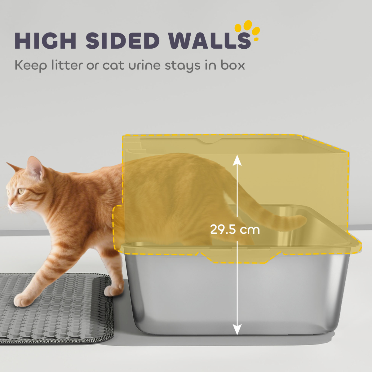 PawHut Stainless Steel Cat Litter Box with Scoop, High Sides & Snap-Lock Lid – Litter Tray for Cats up to 15kg, Grey