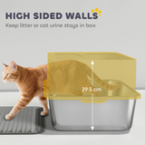 PawHut Stainless Steel Cat Litter Box with Scoop, High Sides & Snap-Lock Lid – Litter Tray for Cats up to 15kg, Grey
