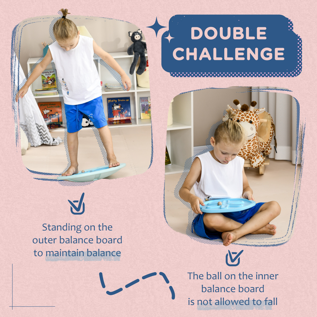 ZONEKIZ 2-in-1 Kids Balance Board with Ball Game – Wobble Board for Balance and Coordination, Blue