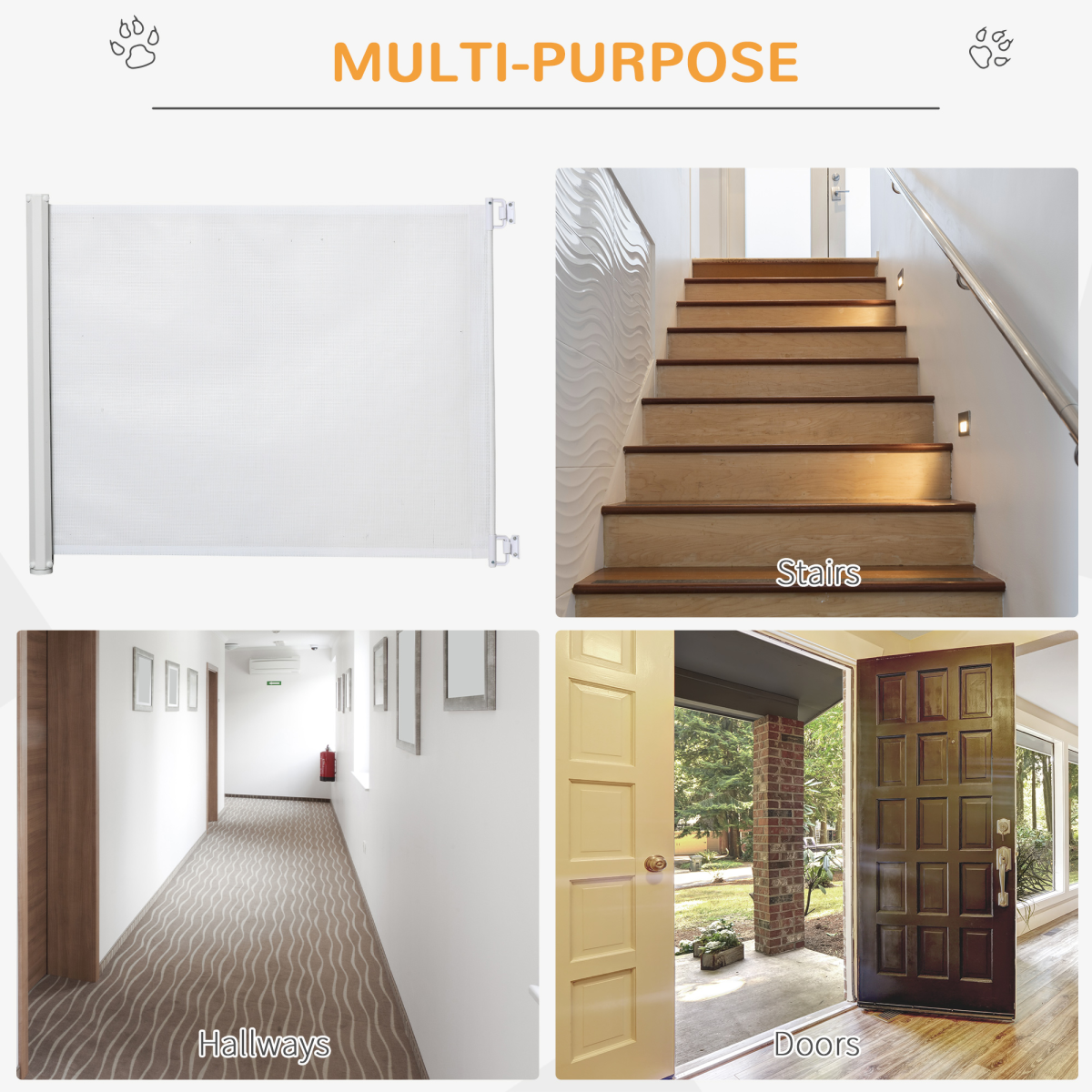 PawHut Retractable Pet Safety Gate, Folding Stair Barrier with Breathable Mesh, 115 cm – White