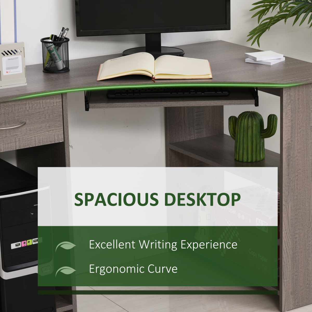 HOMCOM L-Shaped Corner Computer Desk with 2-Tier Side Shelves – Wide Home Office Workstation, Grey