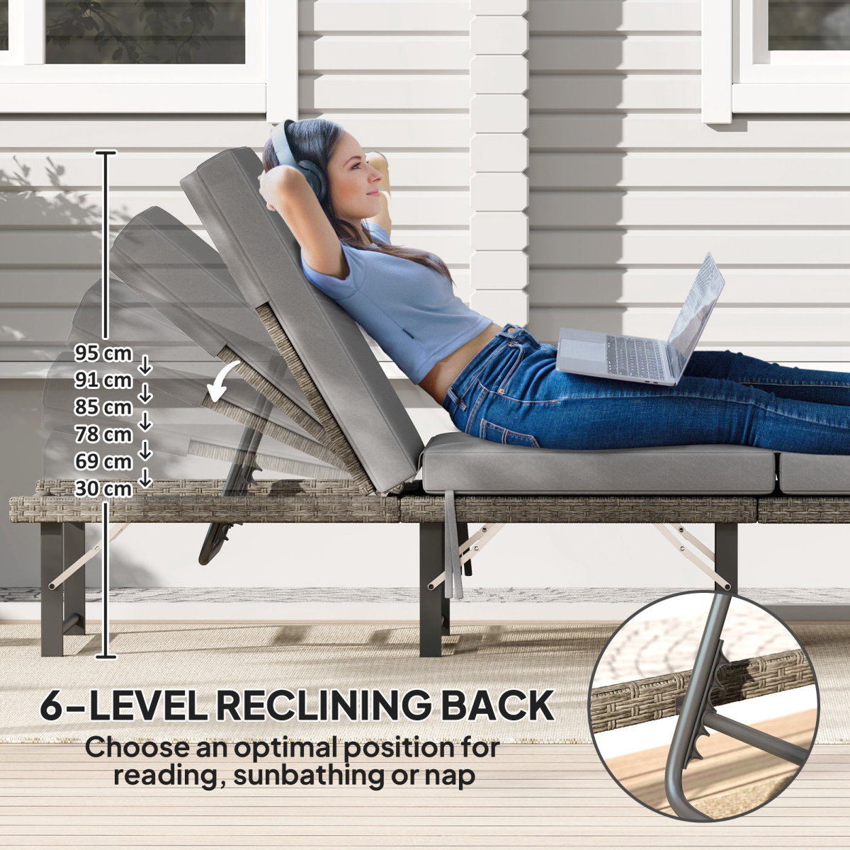 Outsunny Folding Rattan Sun Lounger with 6-Level Adjustable Back & 8cm Cushion – Garden Poolside Recliner, Grey