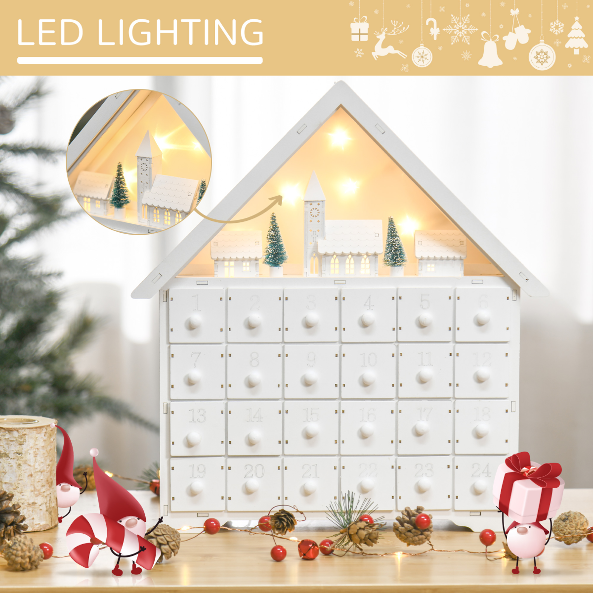 HOMCOM 24-Drawer Wooden Christmas Advent Calendar with LED Lights – Light-Up Countdown, White