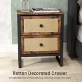 HOMCOM Bedside Table with 2 Rattan Drawers, Steel Legs and Adjustable Feet – Bedroom Storage, Rustic Brown