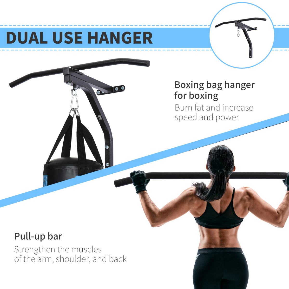 HOMCOM Wall Mounted Punch Bag Bracket with Pull Up Bar & Swivel Chain, 130kg – Steel Boxing Hanger, Black