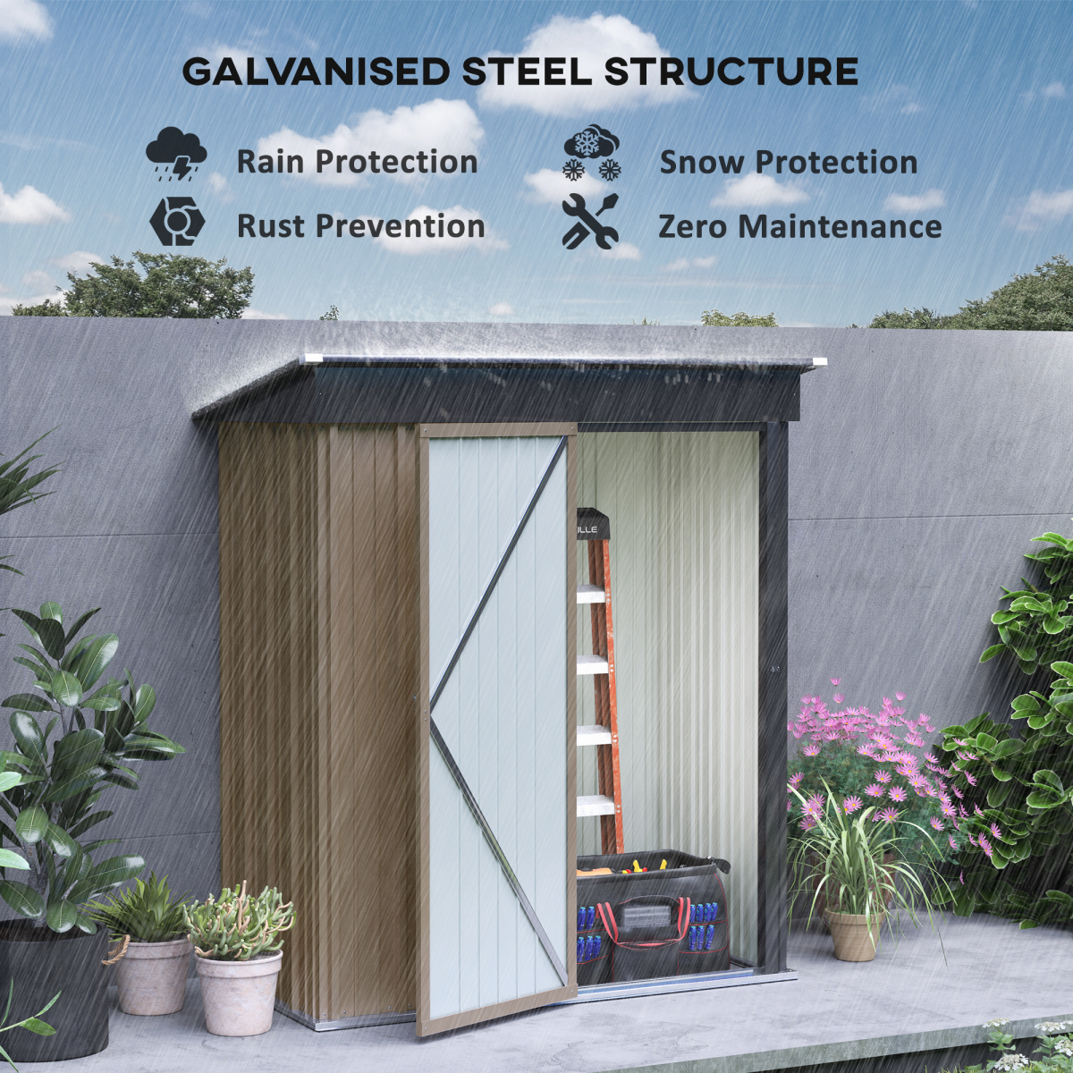 Outsunny 5 x 3ft Lean-To Galvanised Steel Garden Shed with Lock and Adjustable Shelves – Dark Grey and Brown