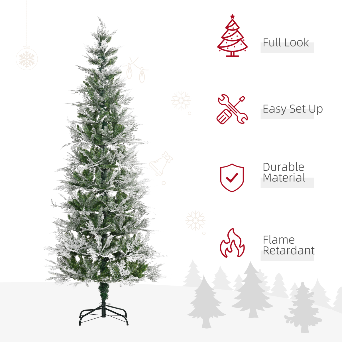 HOMCOM 7ft Snow Flocked Artificial Christmas Tree with Pencil Shape, Auto Open Branches and Metal Base