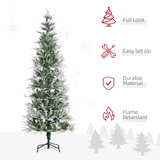 HOMCOM 7ft Snow Flocked Artificial Christmas Tree with Pencil Shape, Auto Open Branches and Metal Base
