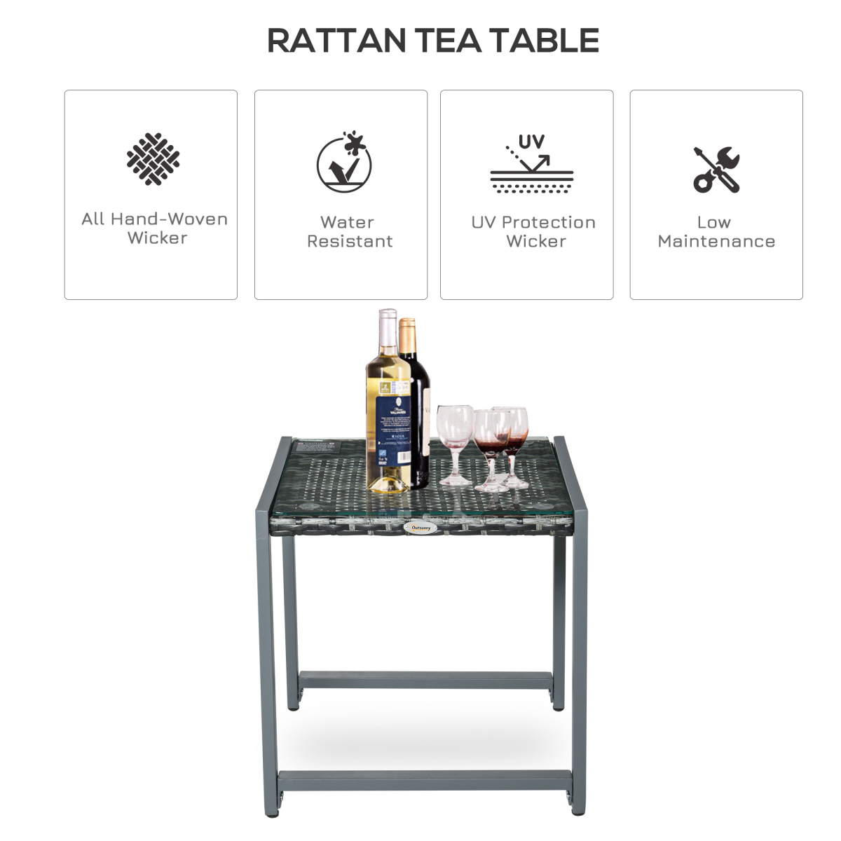 Outsunny Rattan Side Table with Tempered Glass Top & Aluminium Frame – Outdoor Patio Coffee Table, Grey