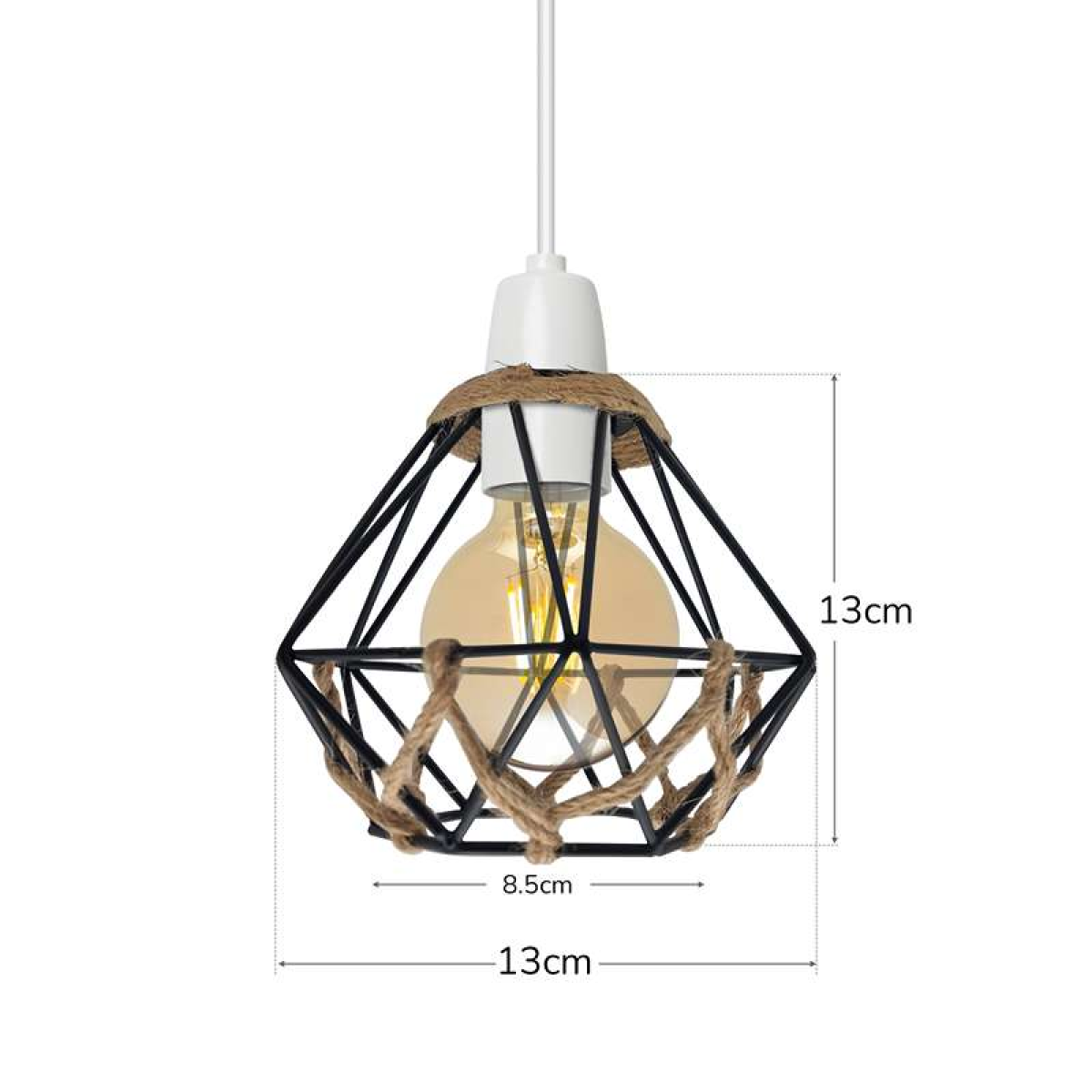 LEDSone Vintage Diamond Hemp Rope Lampshade with Reducer Ring – Metal Cage Pendant Light Shade, Black
