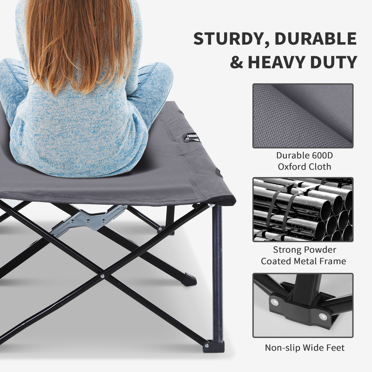 Outsunny Double Folding Camping Cot with Steel Frame & Carry Bag – Portable Two-Person Camp Bed, 136kg, Grey