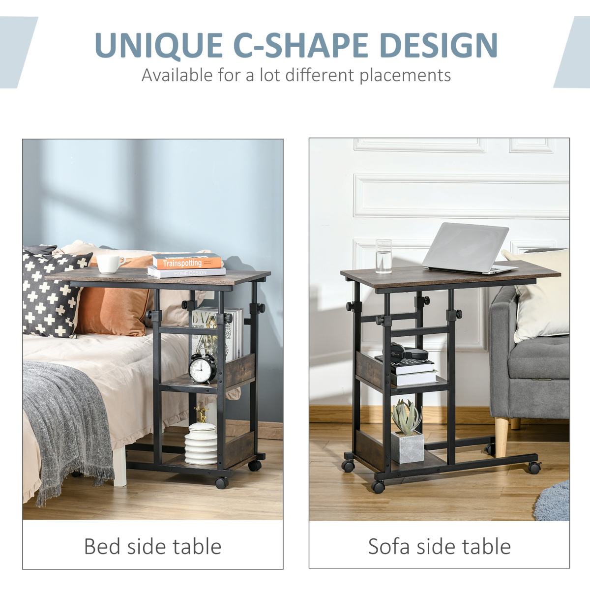 C-Shaped Mobile Side Table with 3 Tiers, Adjustable Height & Lockable Wheels – Sofa, Bed & Bar Cart