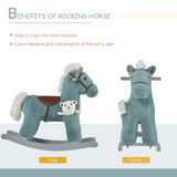 Kids Plush Rocking Horse with Animal Sounds and Free Bear Toy, Wooden Base – Blue, 3 Years+