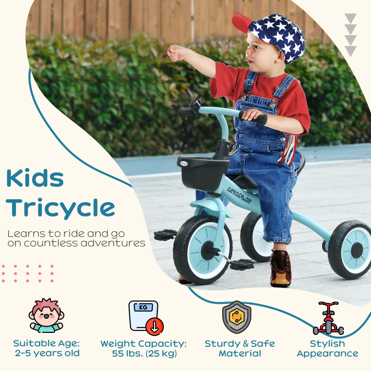 AIYAPLAY Kids Tricycle with Adjustable Seat, Bell & Basket – Ages 2-5 Years, Blue