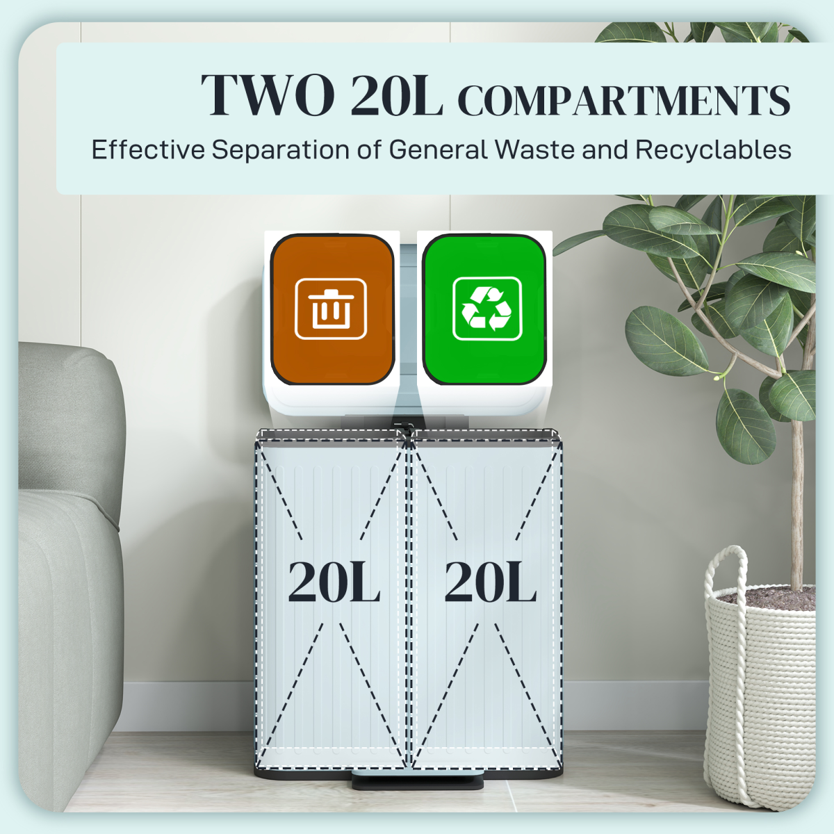 HOMCOM 2 x 20L Double Pedal Bin with Soft-Close Lids – Rubbish & Recycling Kitchen Bin, Light Green