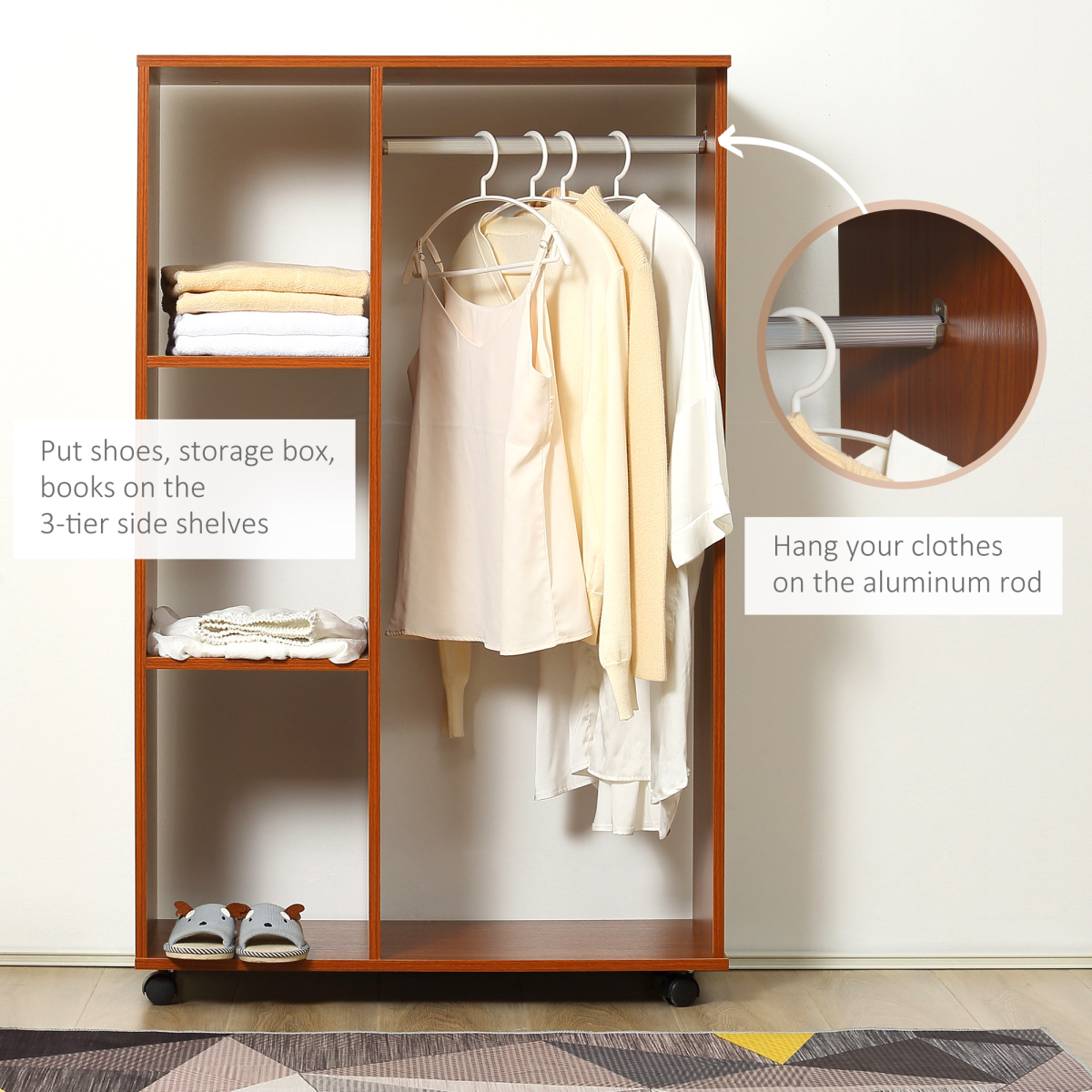 HOMCOM Open Wardrobe with Hanging Rail, 3 Cubbies and Wheels – Mobile Bedroom Storage, Walnut