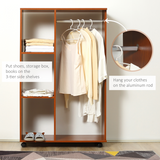 HOMCOM Open Wardrobe with Hanging Rail, 3 Cubbies and Wheels – Mobile Bedroom Storage, Walnut