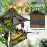 Glass Reptile Terrarium with Rock Background, Lockable Door & Ventilated Lid – 24L Waterproof Base for Wet Setups, Black