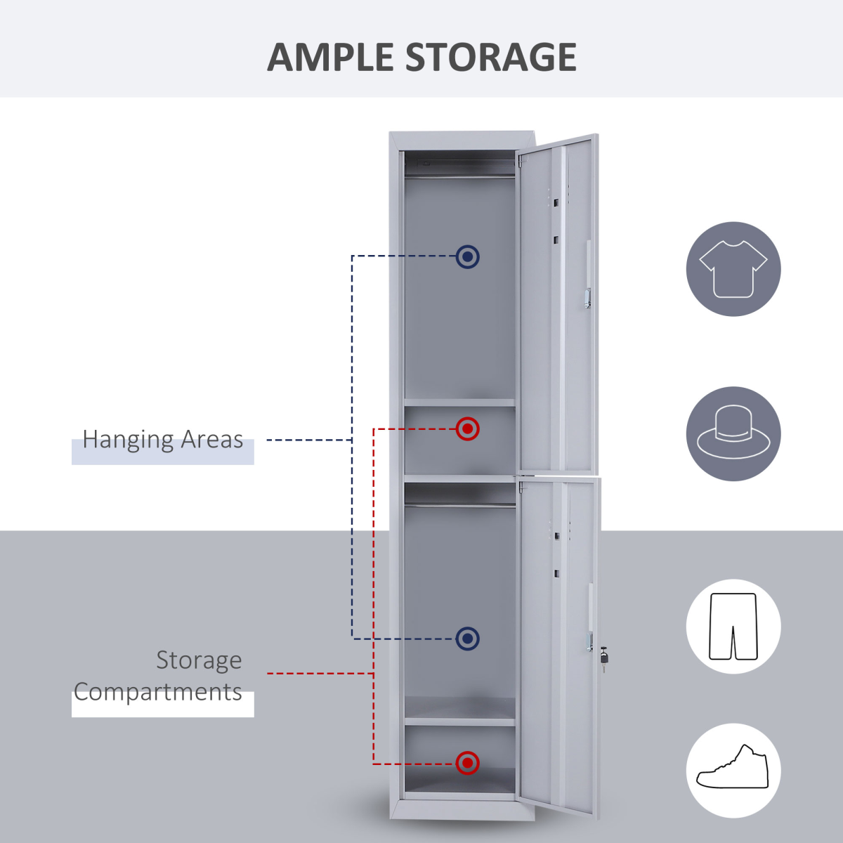 Vinsetto 1.8m Lockable Steel Locker Cabinet with 2 Compartments and Shelves – Office, Gym and Garage Storage