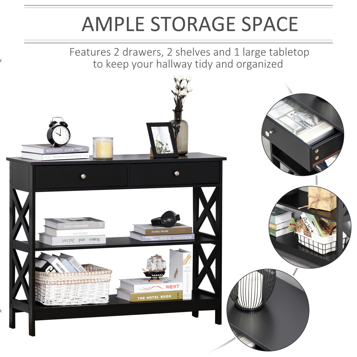 Console Table with Open Shelf & 2 Storage Drawers – Hallway and Office Storage Table, Black