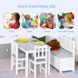 HOMCOM 4-Piece Kids Wooden Table, Chair and Storage Bench Set – Play and Study Furniture for 3+ Years
