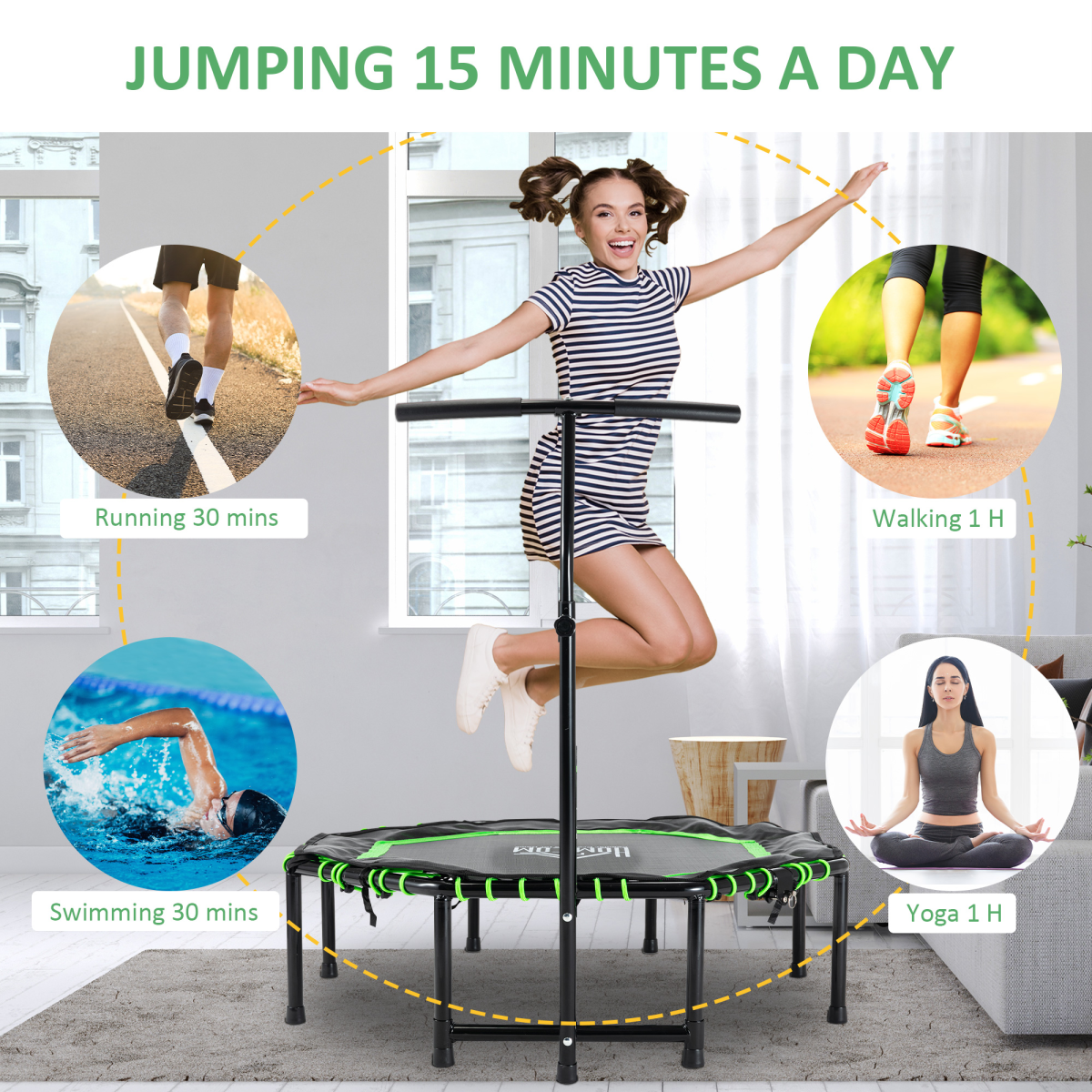 HOMCOM Foldable Fitness Trampoline with 3-Level Adjustable Handle – Rebounder for Adults & Teens, Green