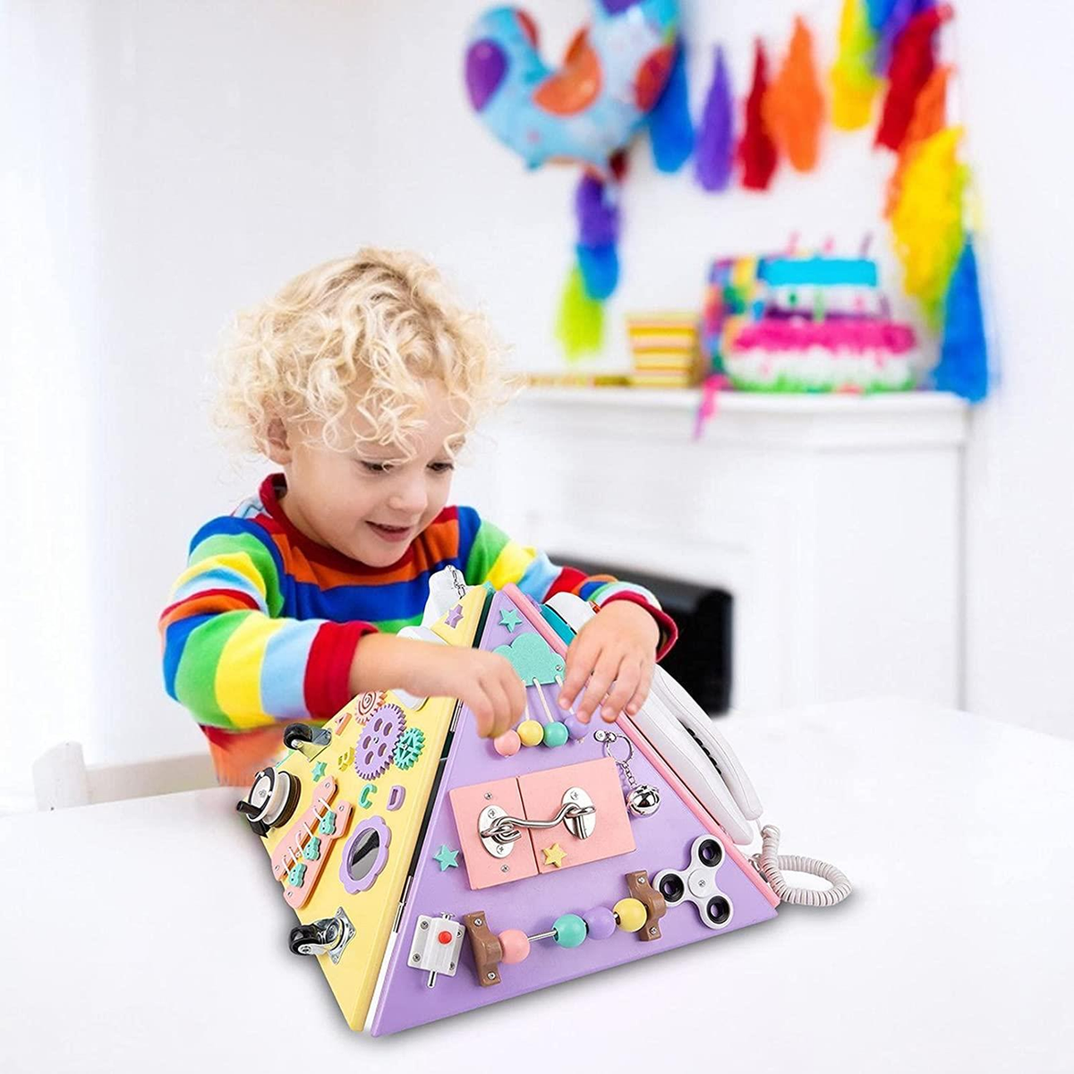 Montessori Busy Board Pyramid for Toddlers – Wooden Sensory Activity Cube for Motor Skills