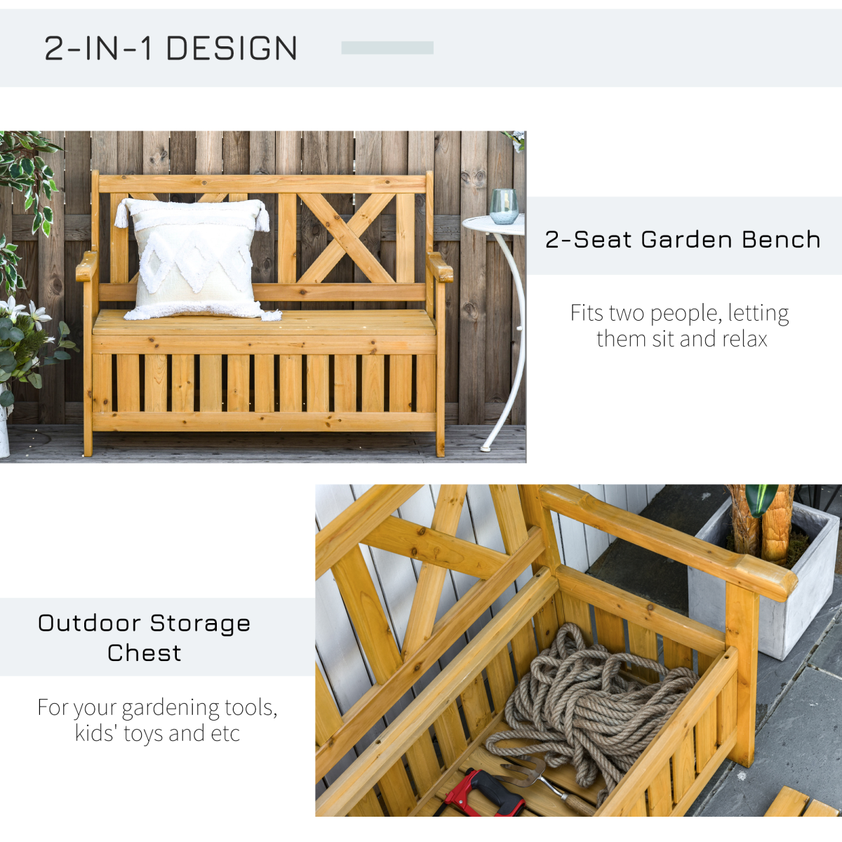 Outsunny 2-Seater Garden Storage Bench – Fir Wood Outdoor Patio Seating with Under-Seat Storage