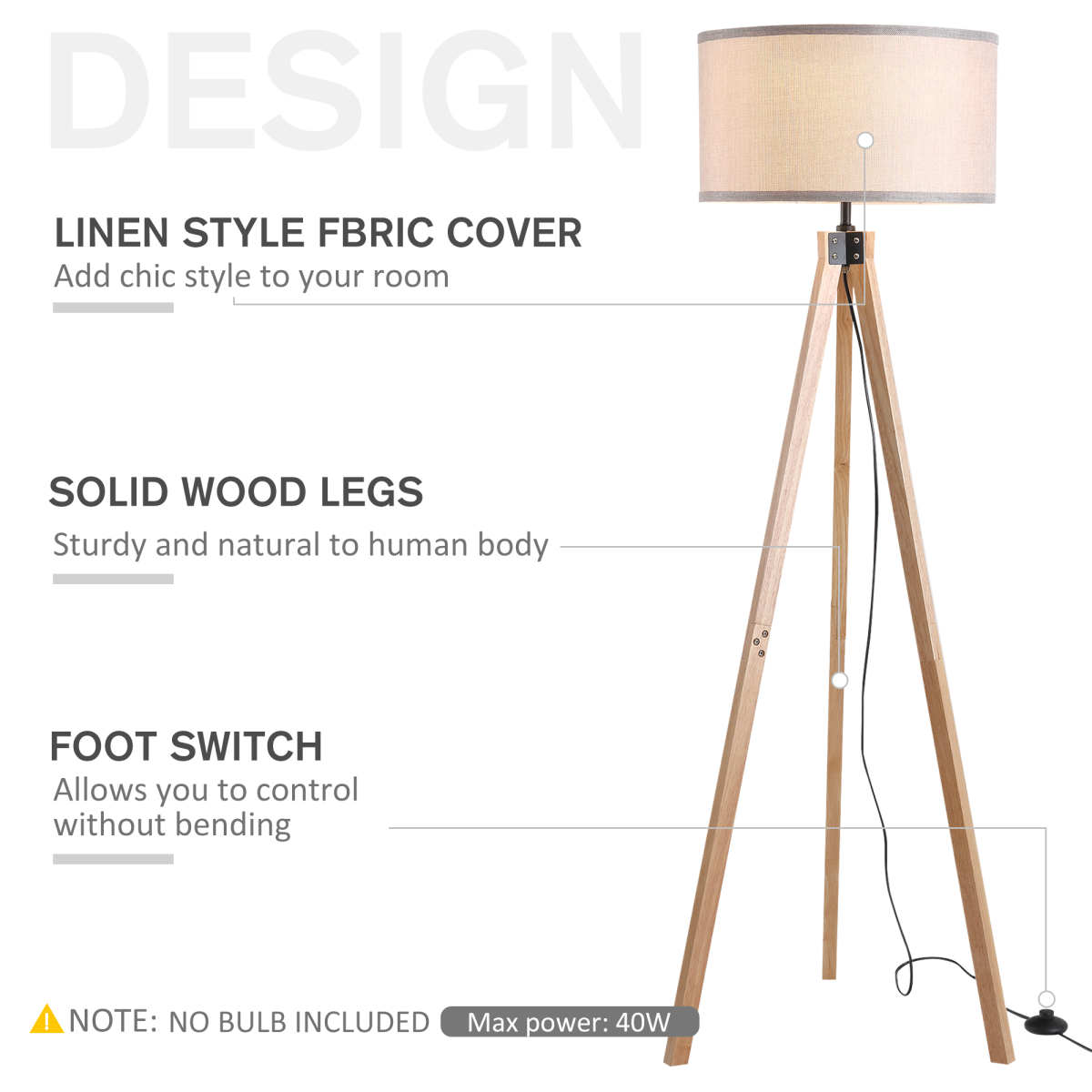 HOMCOM Rubberwood Tripod Floor Lamp with Fabric Shade – Stylish Living Room Lighting, Beige