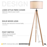 HOMCOM Rubberwood Tripod Floor Lamp with Fabric Shade – Stylish Living Room Lighting, Beige