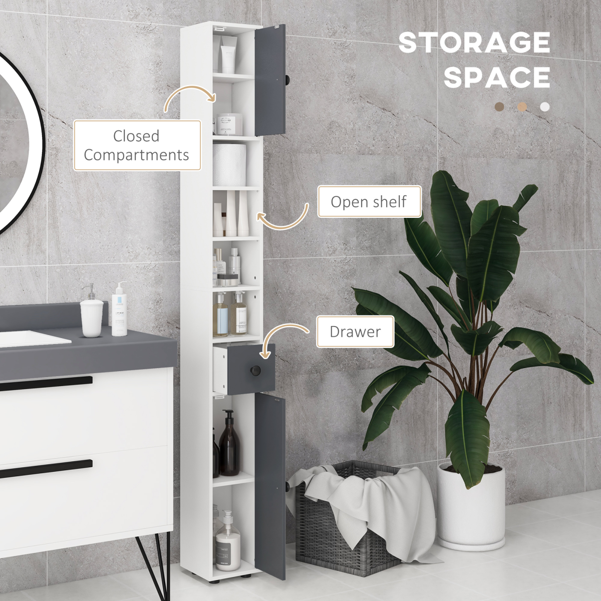 Kleankin Slim Bathroom Cabinet with Drawer, Four Open Shelves & Toilet Roll Storage – Floor Standing Unit, Grey