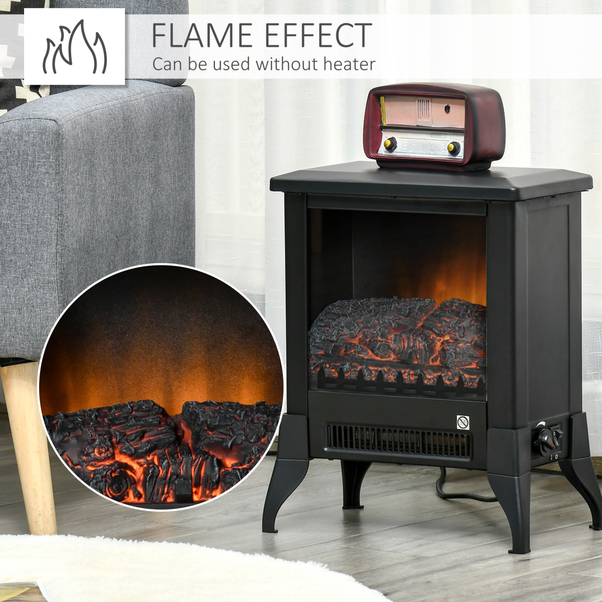 HOMCOM Freestanding Electric Fireplace Stove with Adjustable Temperature – Glass Front, Overheat Protection