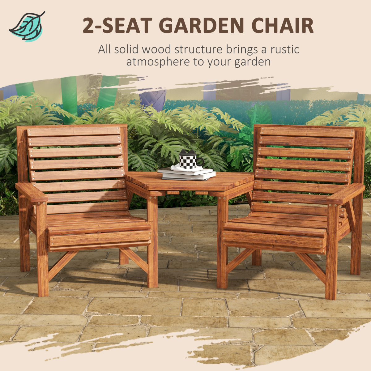 Outsunny Wooden Garden Love Seat Bench with Coffee Table & Parasol Hole – 2 Seater Fir Wood, Tan Brown