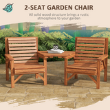 Outsunny Wooden Garden Love Seat Bench with Coffee Table & Parasol Hole – 2 Seater Fir Wood, Tan Brown