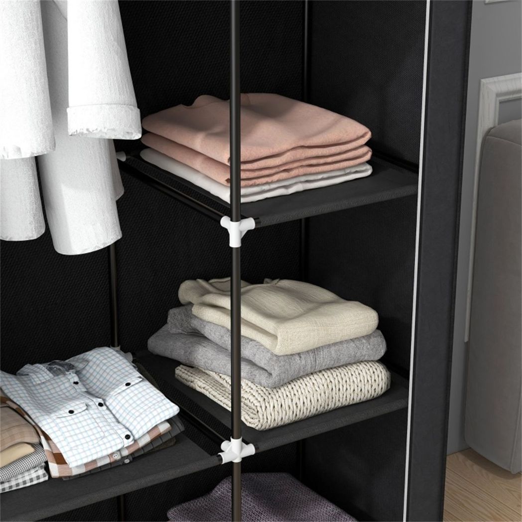 Chester Fabric Wardrobe with Hanging Rail, 6 Shelves and Roll-Up Door – Steel Frame Clothes Storage, Black