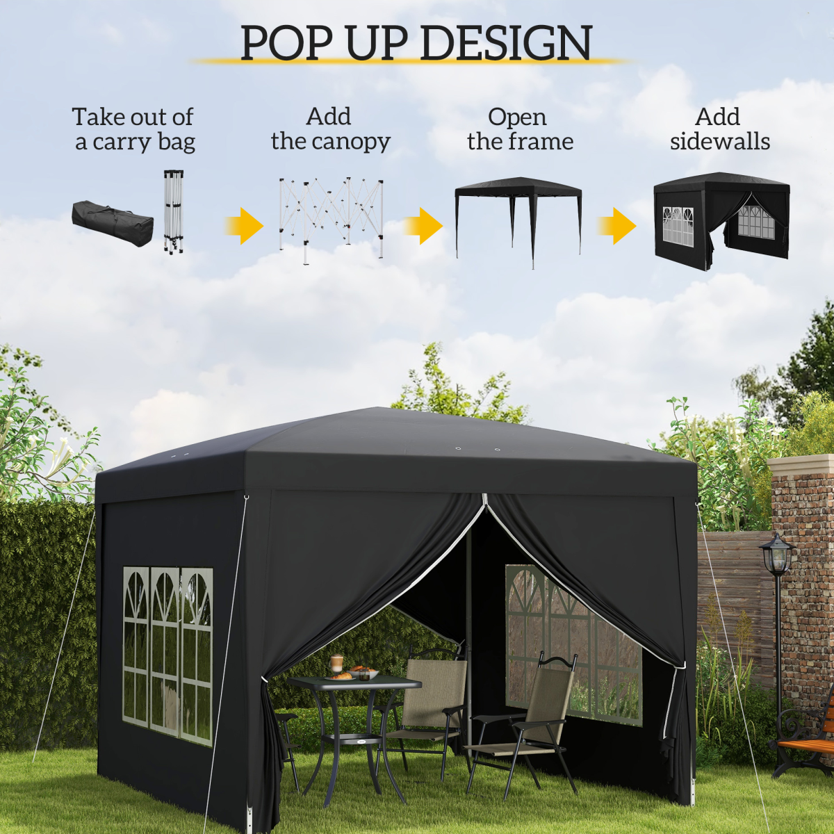 Outsunny 3 x 3m Pop Up Gazebo with Four Removable Walls & Carry Bag – Garden Party Tent Canopy, Black
