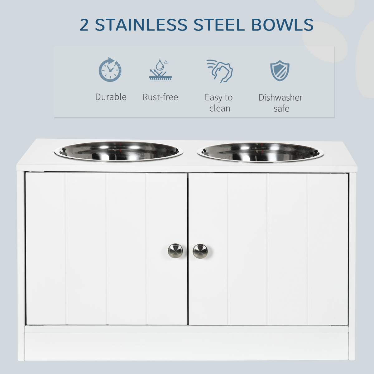 PawHut Raised Dog Feeding Station with 2 Stainless Steel Bowls & Hidden Storage – Large Dogs, White