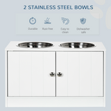 PawHut Raised Dog Feeding Station with 2 Stainless Steel Bowls & Hidden Storage – Large Dogs, White
