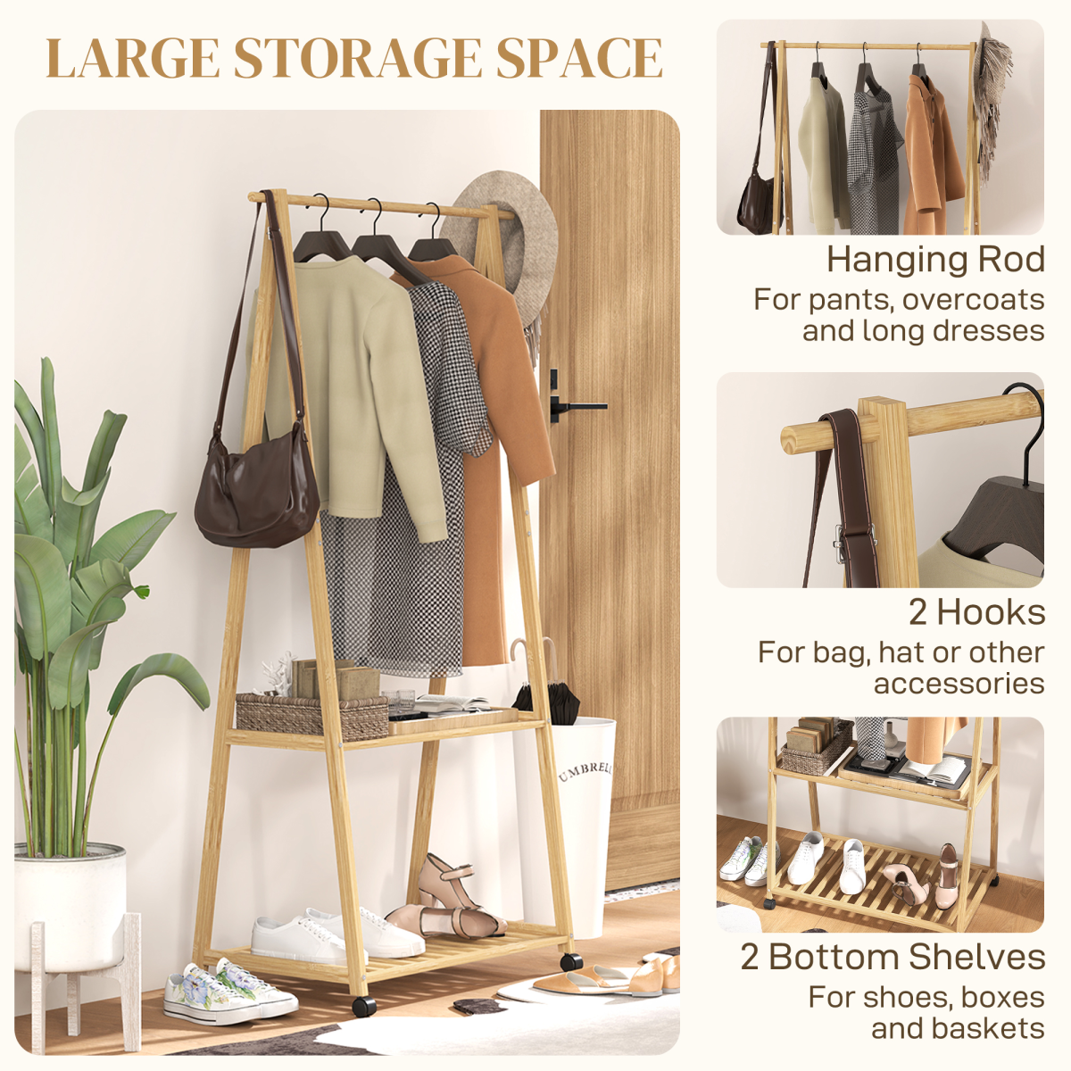 HOMCOM Bamboo Clothes Rail Rack with 2 Storage Shelves and Wheels – Compact Wardrobe, Natural Wood Effect