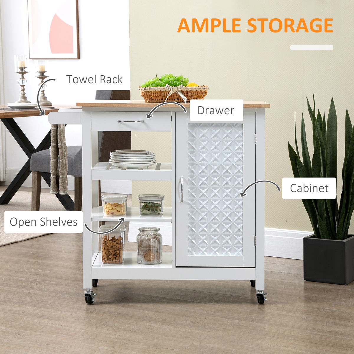 HOMCOM Kitchen Island Cart with Drawer, Cabinet, 3-Tier Open Shelves & Towel Rack – White