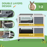 PawHut Two-Tier Indoor Rabbit Hutch with Feeding Trough, Slide-Out Trays and Wheels – White and Grey