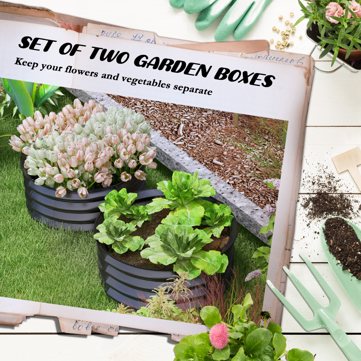 Outsunny Set of 2 Galvanised Steel Raised Garden Beds with Safety Edging – Curved Metal Planter Boxes, Dark Grey