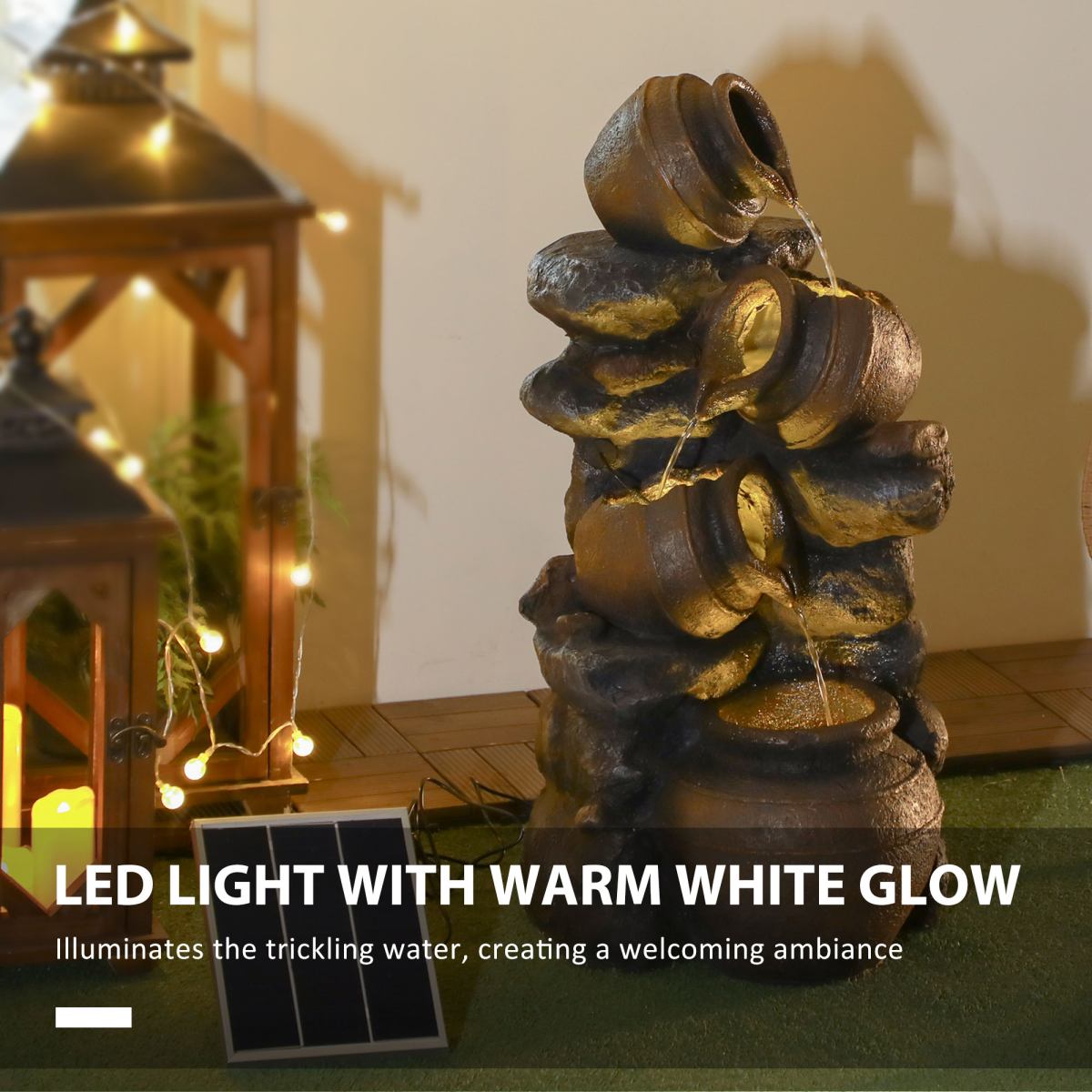 Outsunny Solar 4-Tier Water Fountain with 12 LED Lights & Pump – Weather-Resistant Resin Garden Water Feature